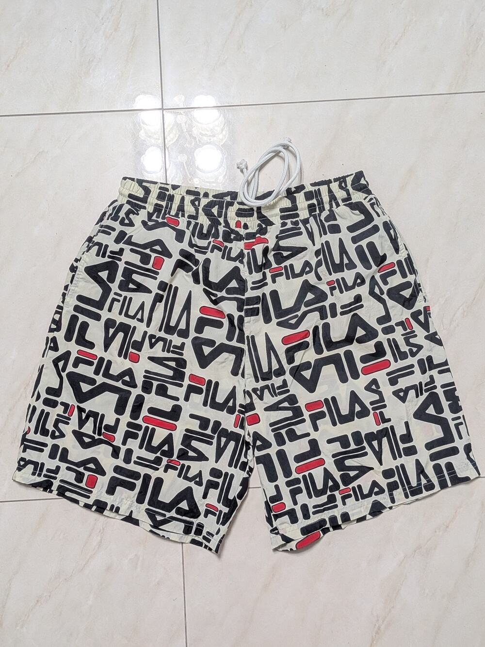 VINTAGE 90S FILA Logo Print Swim Trunks Drawstring Mesh Lined Shorts Size XL